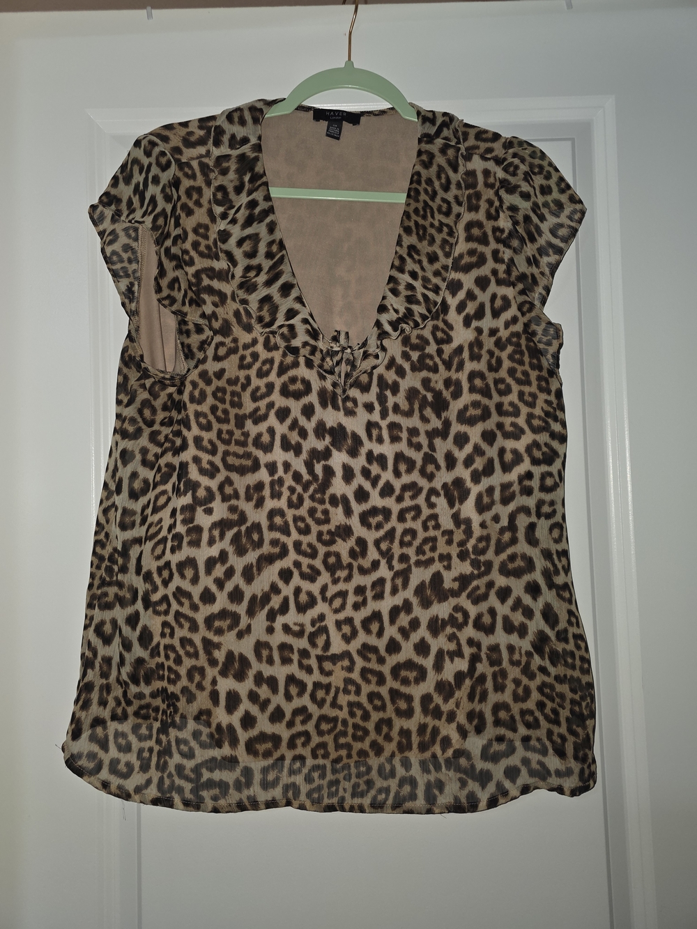 Haver London Leopard-Print Flutter Sleeve V-Neck Blouse - Brown, Tan Large